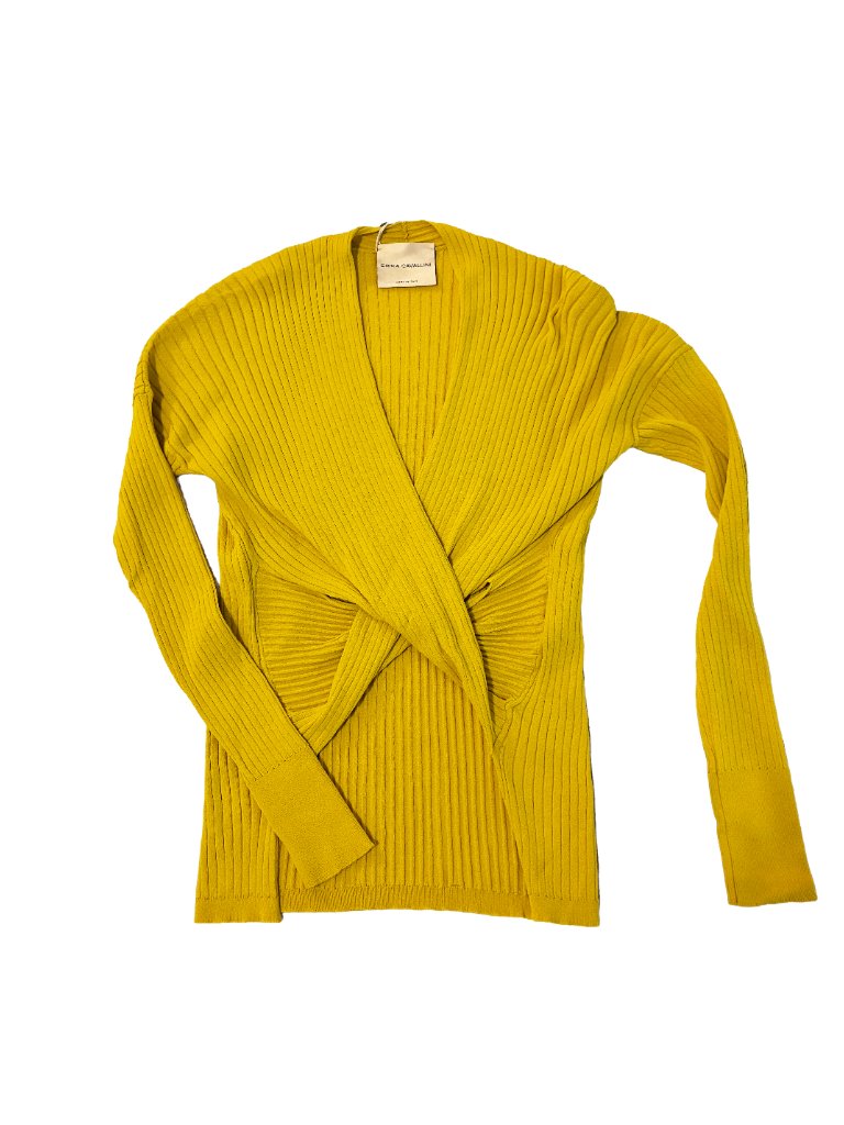 Erika Cavallini Long Sleeves Chartreuse Yellow Top With Front Knot Size M-L, Nwt